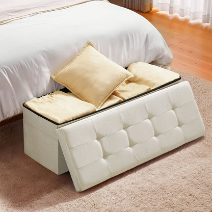 Foldable Storage Ottoman Bench, End of Bed Bench with Side Bags, Folding Upholstered Storage Chest Supports 660 lbs, Linen Bed Ottoman with Large Space for Living Room, Bedroom, Entryway, Beige