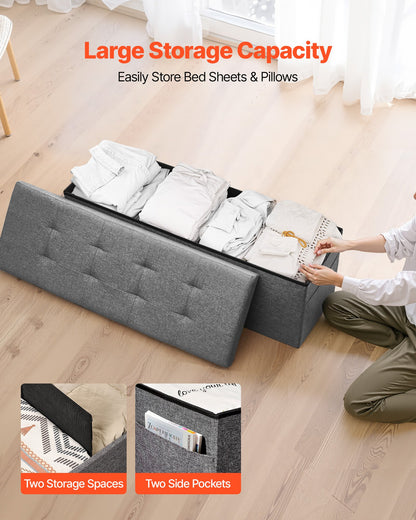 Foldable Storage Ottoman Bench, End of Bed Bench with Side Bags, Folding Upholstered Storage Chest Supports 660 lbs, Linen Bed Ottoman with Large Space for Living Room, Bedroom, Entryway, Grey