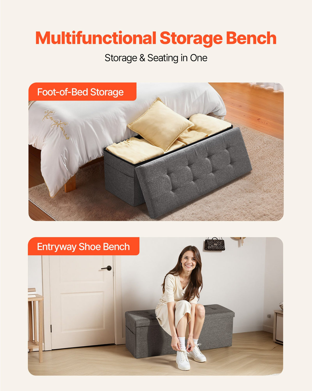 Foldable Storage Ottoman Bench, End of Bed Bench with Side Bags, Folding Upholstered Storage Chest Supports 660 lbs, Linen Bed Ottoman with Large Space for Living Room, Bedroom, Entryway, Grey