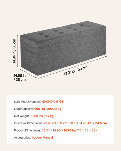 Foldable Storage Ottoman Bench, End of Bed Bench with Side Bags, Folding Upholstered Storage Chest Supports 660 lbs, Linen Bed Ottoman with Large Space for Living Room, Bedroom, Entryway, Grey