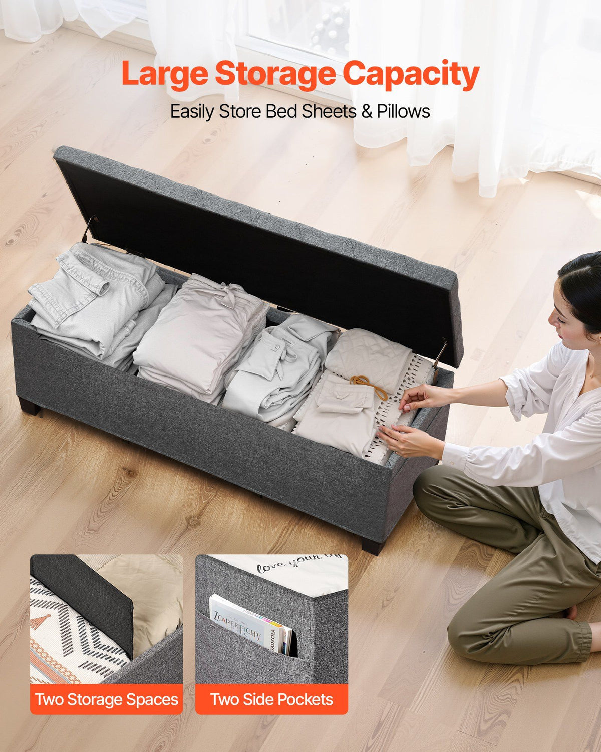 Storage Ottoman Bench, Button-Tufted End of Bed Bench with Side Bags, Flip-up Upholstered Storage Chest with Metal Frame, Linen Bed Ottoman for Living Room, Bedroom, Entryway, Office, Grey