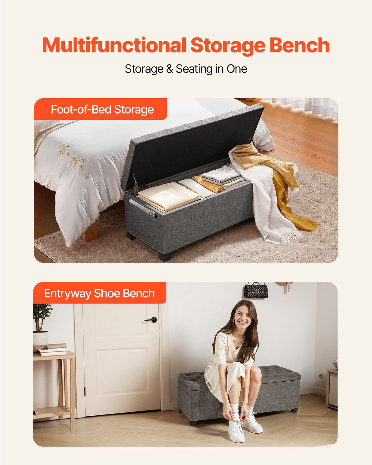 Storage Ottoman Bench, Button-Tufted End of Bed Bench with Side Bags, Flip-up Upholstered Storage Chest with Metal Frame, Linen Bed Ottoman for Living Room, Bedroom, Entryway, Office, Grey