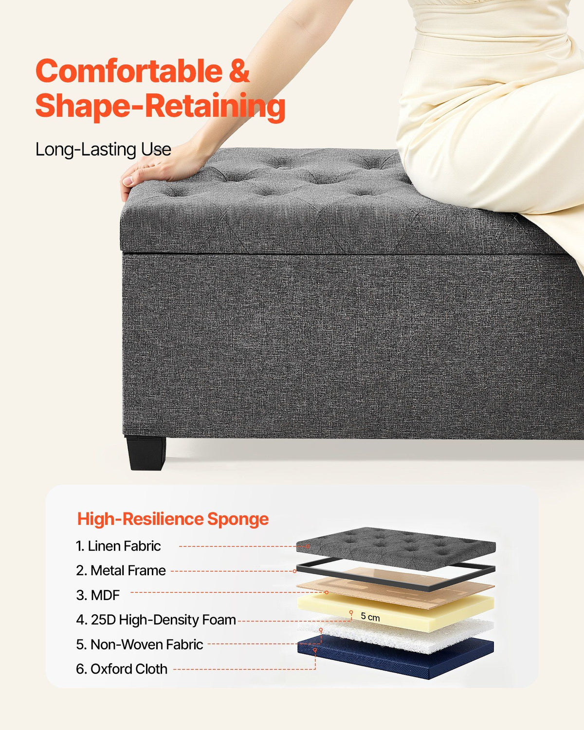 Storage Ottoman Bench, Button-Tufted End of Bed Bench with Side Bags, Flip-up Upholstered Storage Chest with Metal Frame, Linen Bed Ottoman for Living Room, Bedroom, Entryway, Office, Grey