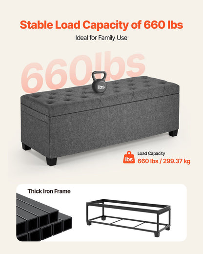 Storage Ottoman Bench, Button-Tufted End of Bed Bench with Side Bags, Flip-up Upholstered Storage Chest with Metal Frame, Linen Bed Ottoman for Living Room, Bedroom, Entryway, Office, Grey