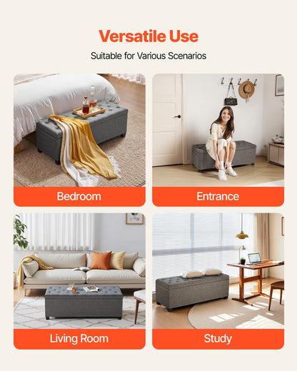 Storage Ottoman Bench, Button-Tufted End of Bed Bench with Side Bags, Flip-up Upholstered Storage Chest with Metal Frame, Linen Bed Ottoman for Living Room, Bedroom, Entryway, Office, Grey
