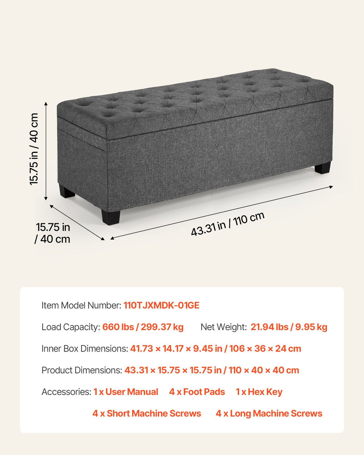 Storage Ottoman Bench, Button-Tufted End of Bed Bench with Side Bags, Flip-up Upholstered Storage Chest with Metal Frame, Linen Bed Ottoman for Living Room, Bedroom, Entryway, Office, Grey