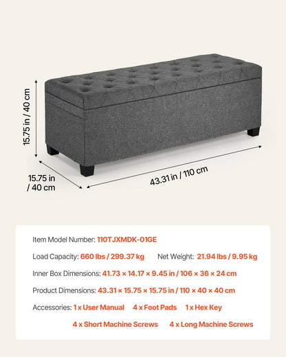 Storage Ottoman Bench, Button-Tufted End of Bed Bench with Side Bags, Flip-up Upholstered Storage Chest with Metal Frame, Linen Bed Ottoman for Living Room, Bedroom, Entryway, Office, Grey