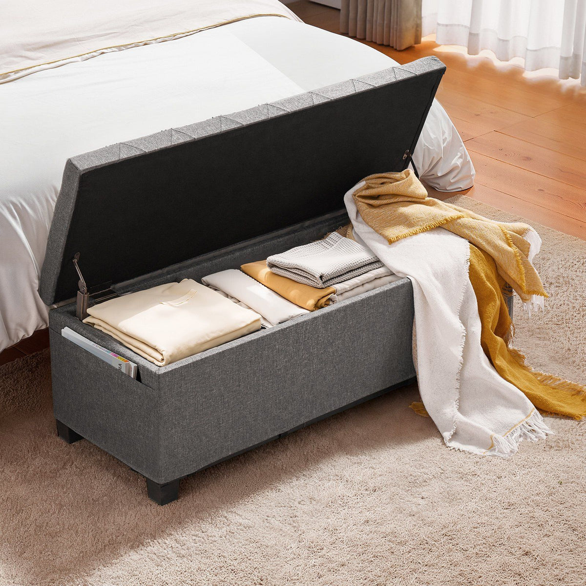Storage Ottoman Bench, Button-Tufted End of Bed Bench with Side Bags, Flip-up Upholstered Storage Chest with Metal Frame, Linen Bed Ottoman for Living Room, Bedroom, Entryway, Office, Grey