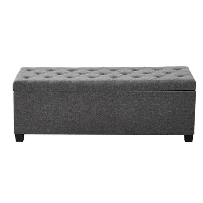 Storage Ottoman Bench, Button-Tufted End of Bed Bench with Side Bags, Flip-up Upholstered Storage Chest with Metal Frame, Linen Bed Ottoman for Living Room, Bedroom, Entryway, Office, Grey