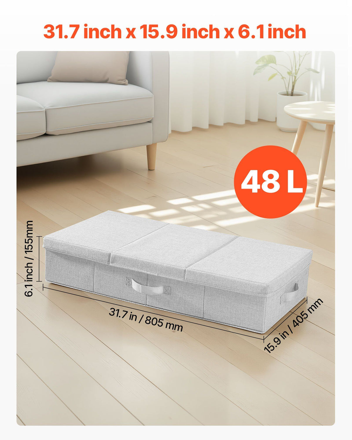 Under Bed Storage with Lids, 805 x 405 x 155 mm, 48L Large Underbed Clothes Storage Containers, Low Profile Gray Under Bed Drawer Shoe Organizer Bins Box for Blanket Shoe Bedroom, 2 Pack