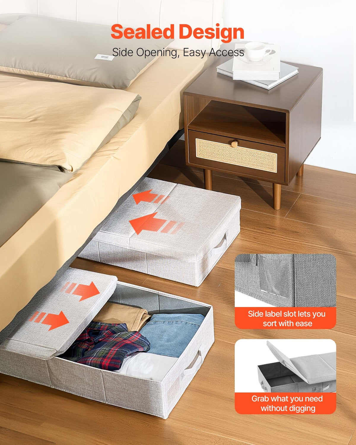 Under Bed Storage with Lids, 805 x 405 x 155 mm, 48L Large Underbed Clothes Storage Containers, Low Profile Gray Under Bed Drawer Shoe Organizer Bins Box for Blanket Shoe Bedroom, 2 Pack
