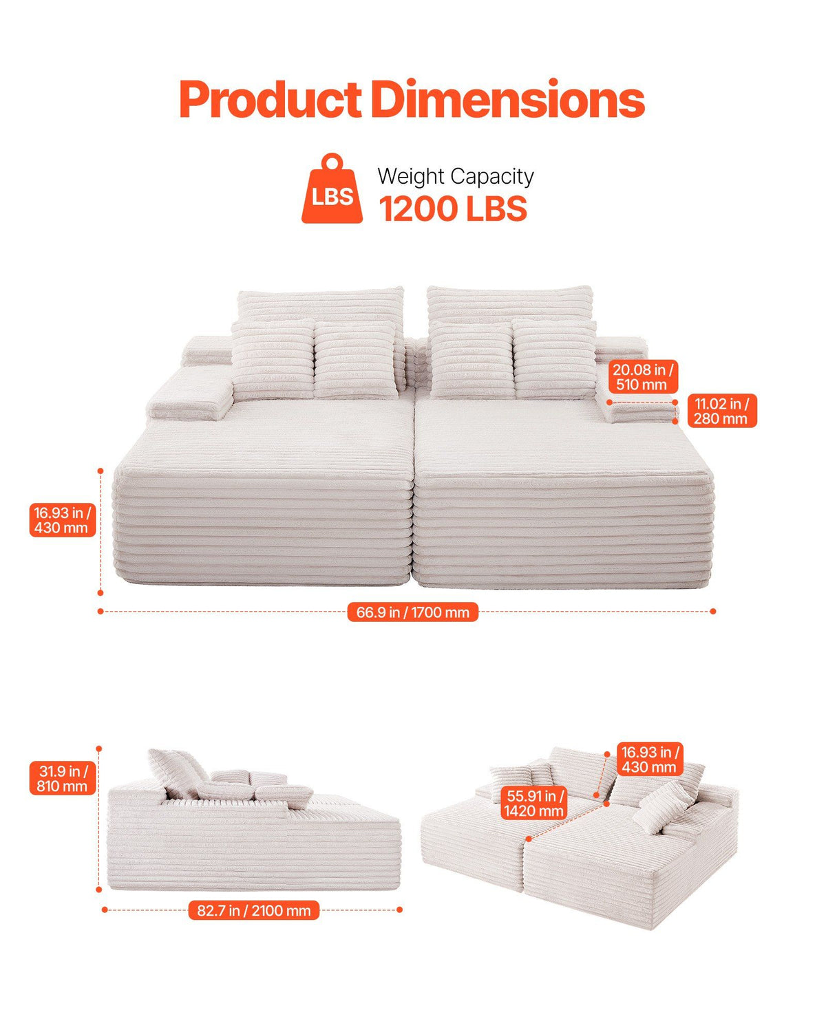 210 cm Oversized Double Chaise Lounge, Corduroy Fabric Sectional Sofa, Cozy Deep Seat Loveseat Sofa with Soft Cushions and Throw Pillows for Living Room Bedroom, No Assembly Required, Beige