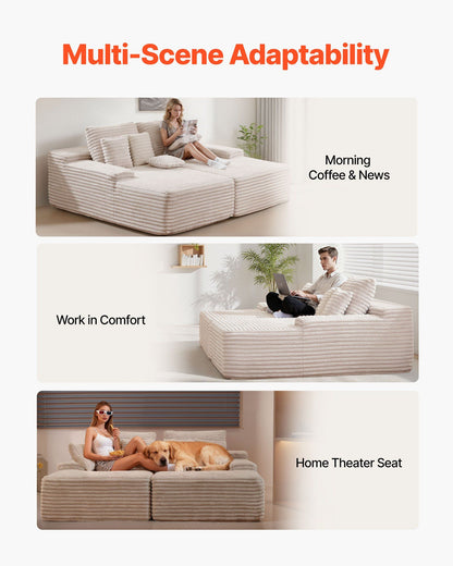 210 cm Oversized Double Chaise Lounge, Corduroy Fabric Sectional Sofa, Cozy Deep Seat Loveseat Sofa with Soft Cushions and Throw Pillows for Living Room Bedroom, No Assembly Required, Beige