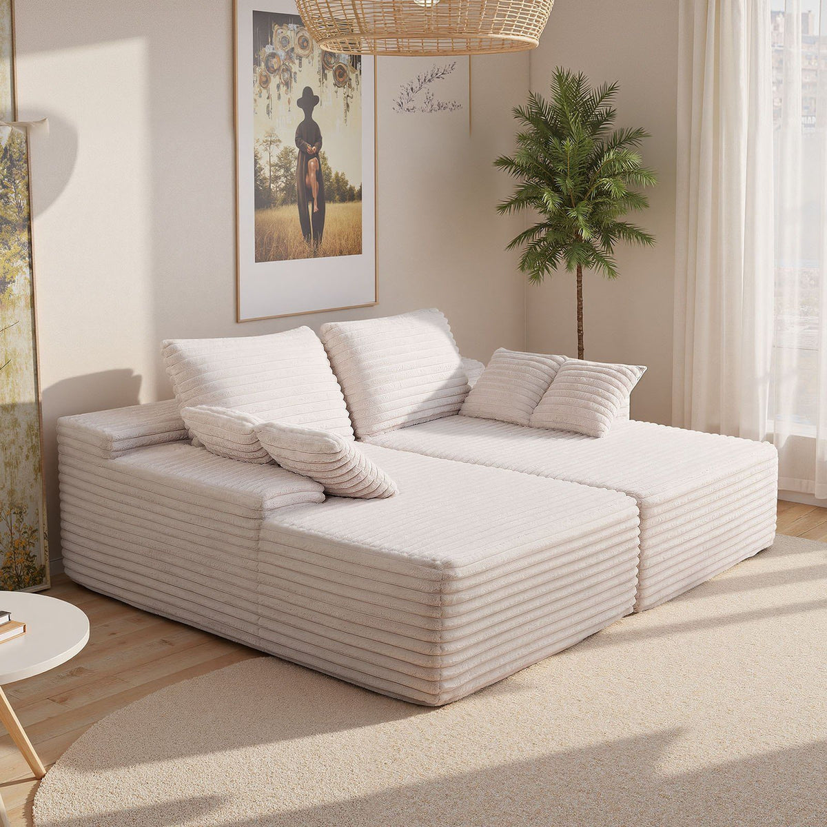 210 cm Oversized Double Chaise Lounge, Corduroy Fabric Sectional Sofa, Cozy Deep Seat Loveseat Sofa with Soft Cushions and Throw Pillows for Living Room Bedroom, No Assembly Required, Beige