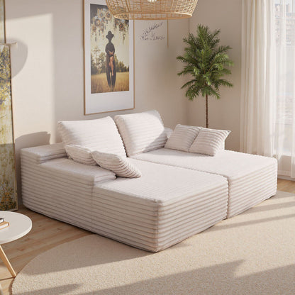210 cm Oversized Double Chaise Lounge, Corduroy Fabric Sectional Sofa, Cozy Deep Seat Loveseat Sofa with Soft Cushions and Throw Pillows for Living Room Bedroom, No Assembly Required, Beige