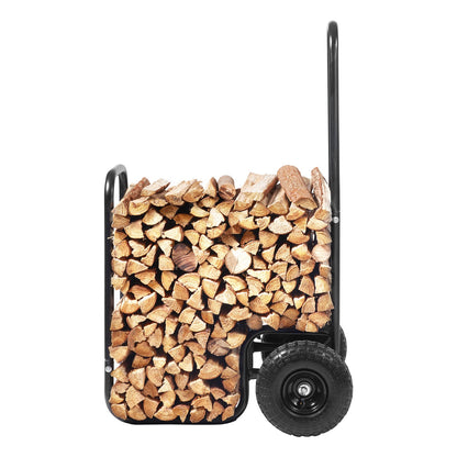 Firewood Log Cart, 113 kg Load Capacity, Outdoor and Indoor Wood Rack Storage Mover with Pneumatic Rubber Wheels, Heavy Duty Steel Dolly Hauler, Firewood Carrier for Fireplace, Fire Pit, Black