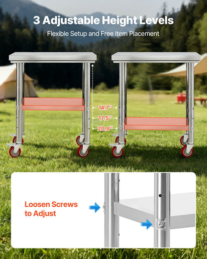 Stainless Steel Table, 60 x 76 cm Food Prep Worktable with Wheels, Kitchen Prep Table with Adjustable Undershelf Workstations for Commercial Kitchen, Restaurant, Hotel and Garage, Outdoor