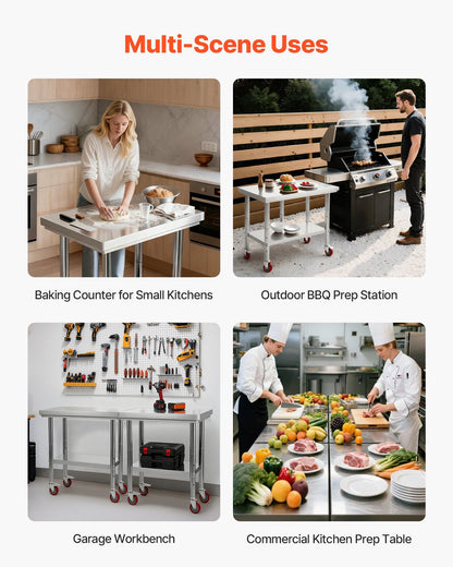 Stainless Steel Table, 60 x 76 cm Food Prep Worktable with Wheels, Kitchen Prep Table with Adjustable Undershelf Workstations for Commercial Kitchen, Restaurant, Hotel and Garage, Outdoor