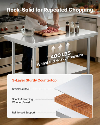 Stainless Steel Table, 60 x 90 cm Food Prep Worktable with Wheels, Kitchen Prep Table with Adjustable Undershelf Workstations for Commercial Kitchen, Restaurant, Hotel and Garage, Outdoor