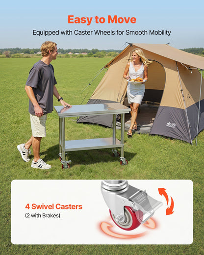 Stainless Steel Table, 60 x 90 cm Food Prep Worktable with Wheels, Kitchen Prep Table with Adjustable Undershelf Workstations for Commercial Kitchen, Restaurant, Hotel and Garage, Outdoor
