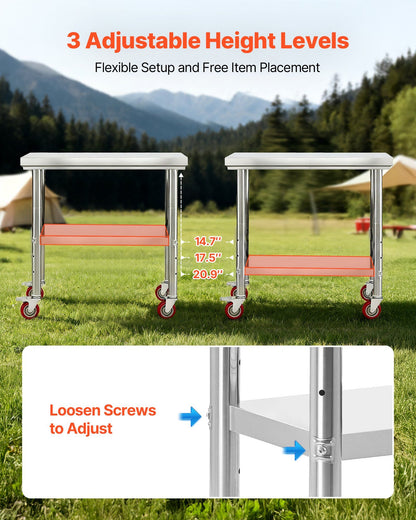 Stainless Steel Table, 60 x 90 cm Food Prep Worktable with Wheels, Kitchen Prep Table with Adjustable Undershelf Workstations for Commercial Kitchen, Restaurant, Hotel and Garage, Outdoor