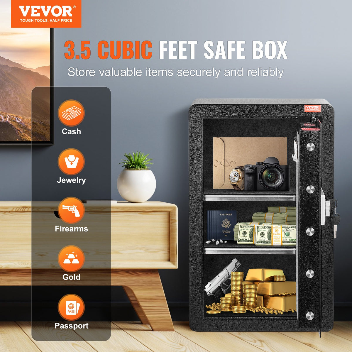Single Door 3.5 cu.ft Safe Box with Key Lock & Password, Safe Lock Box with Fireproof Bag, Key Rack, LED Light, and 2 Shelves for Money, Documents, Jewelry, and Valuables, Black