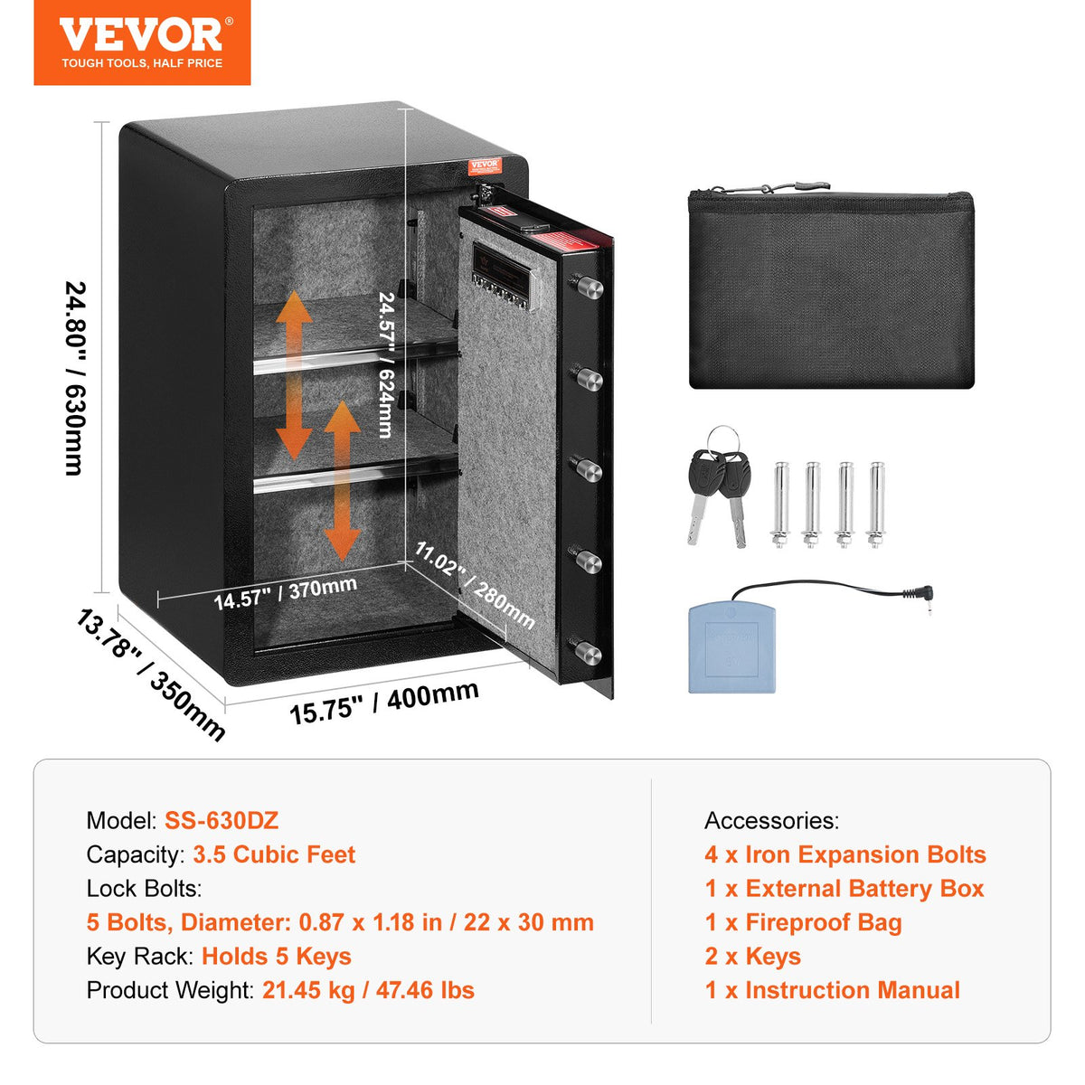 Single Door 3.5 cu.ft Safe Box with Key Lock & Password, Safe Lock Box with Fireproof Bag, Key Rack, LED Light, and 2 Shelves for Money, Documents, Jewelry, and Valuables, Black
