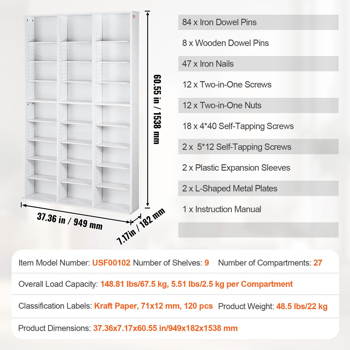 Media Storage Cabinet, 9-layer DVD Shelf Holds up to 756 CDs, Adjustable CD Shelves 27 Compartments, Protects & Organizes Music, Movie, Video Games or Memorabilia Collections,White