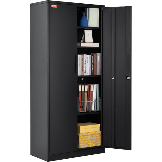 Metal Storage Cabinet with 2 Magnetic Doors and 4 Adjustable Shelves, 90 kg Capacity per Shelf, Locking Steel Storage Cabinet, 1.8 m Metal Cabinet with 3 Keys, for Office, Garage, Home, Black