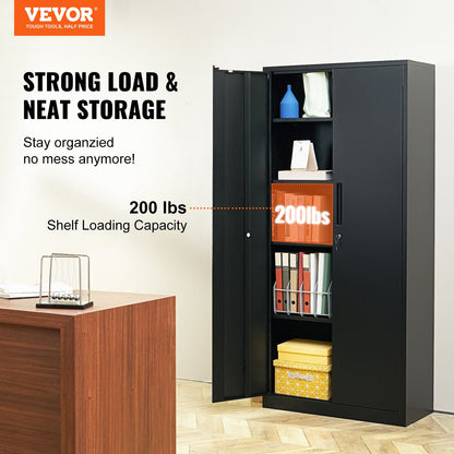 Metal Storage Cabinet with 2 Magnetic Doors and 4 Adjustable Shelves, 90 kg Capacity per Shelf, Locking Steel Storage Cabinet, 1.8 m Metal Cabinet with 3 Keys, for Office, Garage, Home, Black