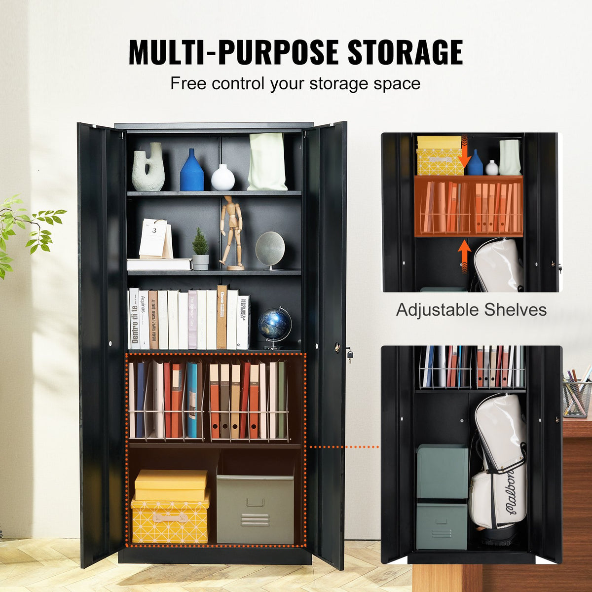 Metal Storage Cabinet with 2 Magnetic Doors and 4 Adjustable Shelves, 90 kg Capacity per Shelf, Locking Steel Storage Cabinet, 1.8 m Metal Cabinet with 3 Keys, for Office, Garage, Home, Black