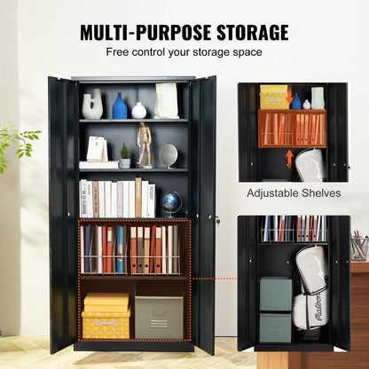 Metal Storage Cabinet with 2 Magnetic Doors and 4 Adjustable Shelves, 90 kg Capacity per Shelf, Locking Steel Storage Cabinet, 1.8 m Metal Cabinet with 3 Keys, for Office, Garage, Home, Black