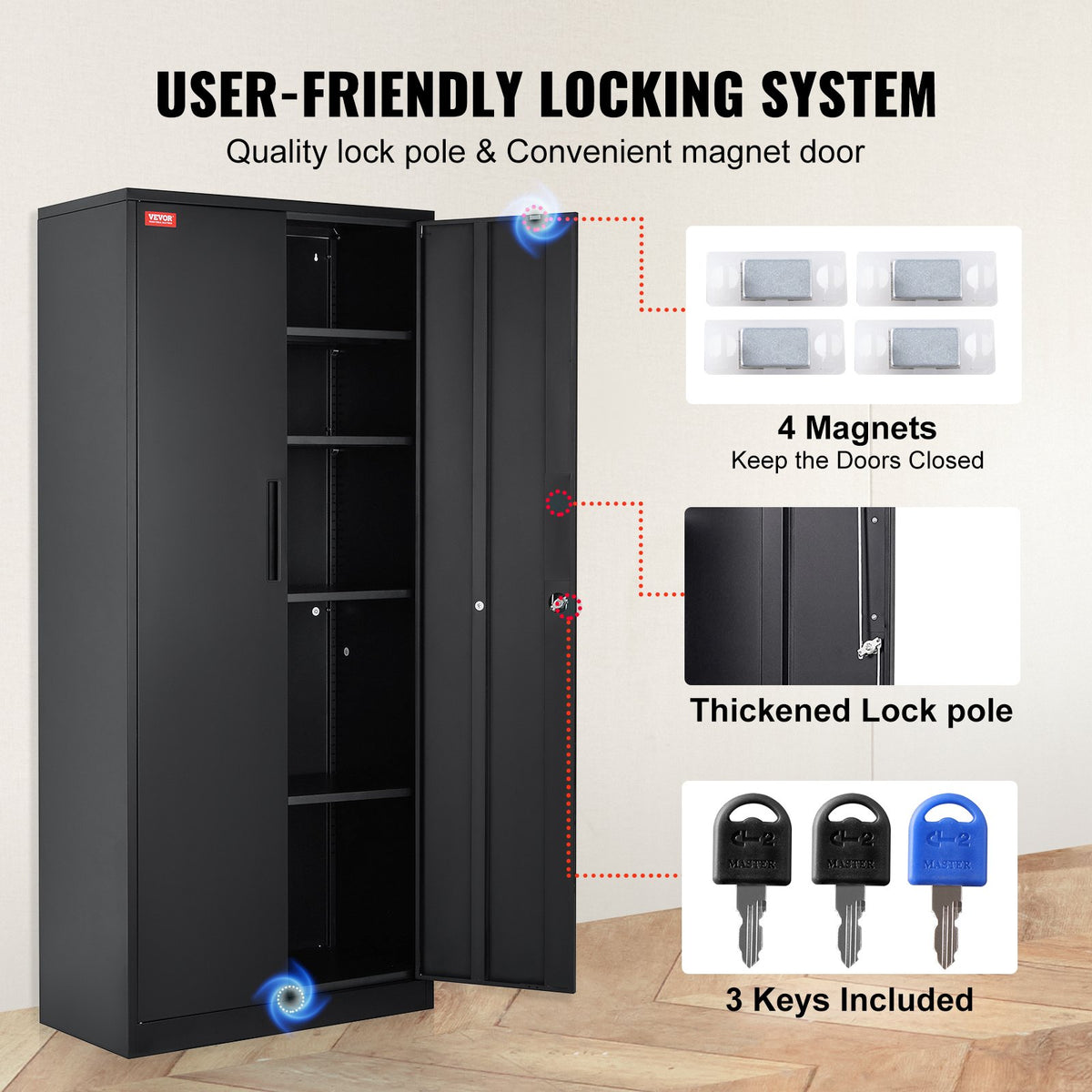 Metal Storage Cabinet with 2 Magnetic Doors and 4 Adjustable Shelves, 90 kg Capacity per Shelf, Locking Steel Storage Cabinet, 1.8 m Metal Cabinet with 3 Keys, for Office, Garage, Home, Black