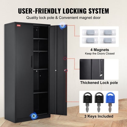 Metal Storage Cabinet with 2 Magnetic Doors and 4 Adjustable Shelves, 90 kg Capacity per Shelf, Locking Steel Storage Cabinet, 1.8 m Metal Cabinet with 3 Keys, for Office, Garage, Home, Black