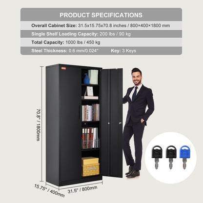 Metal Storage Cabinet with 2 Magnetic Doors and 4 Adjustable Shelves, 90 kg Capacity per Shelf, Locking Steel Storage Cabinet, 1.8 m Metal Cabinet with 3 Keys, for Office, Garage, Home, Black