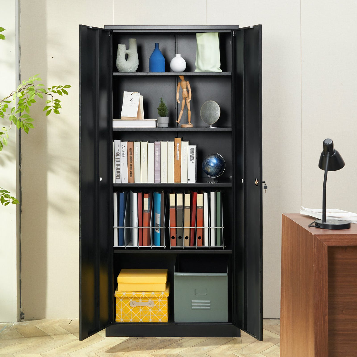 Metal Storage Cabinet with 2 Magnetic Doors and 4 Adjustable Shelves, 90 kg Capacity per Shelf, Locking Steel Storage Cabinet, 1.8 m Metal Cabinet with 3 Keys, for Office, Garage, Home, Black