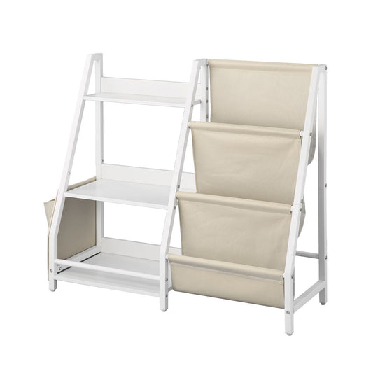3-Tier Kids Bookshelf, Toy Storage Organizer for Toddler, Book Shelf for Kids Rooms with Sling Book Rack and Storage Bag, Kids Storage Book Shelves for Kids Room, Playroom, Kindergarten, Nursery
