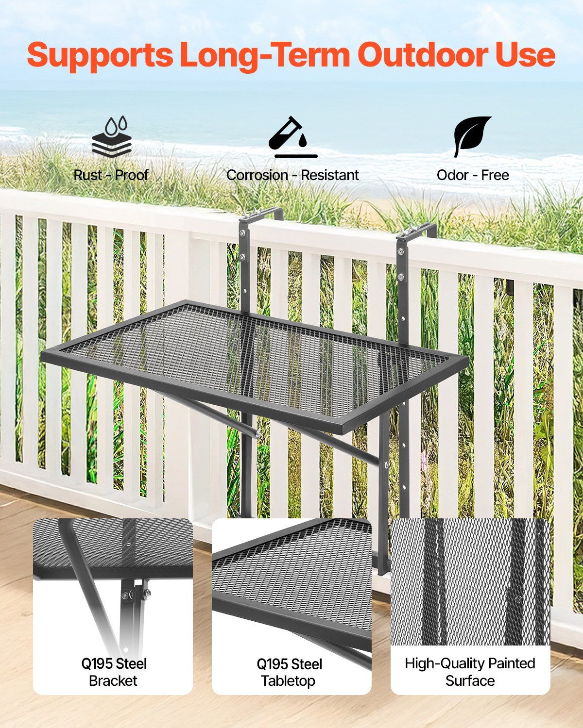 Balcony Hanging Table, 610 x 410 mm Metal Folding Balcony Railing Table, Outdoor Balcony Bar Table for Railings, 5-Level Adjustable, Fit Railing from 1" to 4.7", Serving Table for Patio & Deck