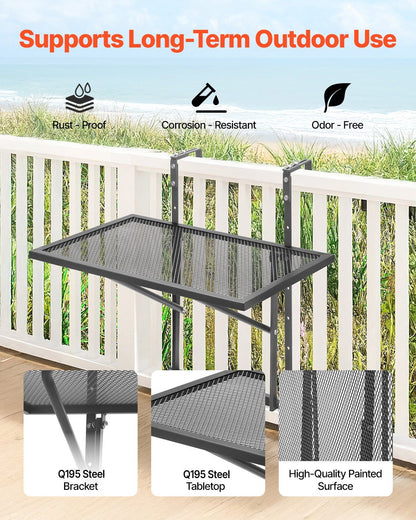 Balcony Hanging Table, 610 x 410 mm Metal Folding Balcony Railing Table, Outdoor Balcony Bar Table for Railings, 5-Level Adjustable, Fit Railing from 1" to 4.7", Serving Table for Patio & Deck