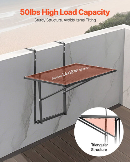 Balcony Hanging Table, 610 x 410 mm Metal Folding Balcony Railing Table, Outdoor Balcony Bar Table for Railings, 5-Level Adjustable, Fit Railing from 1" to 4.7", Serving Table for Patio & Deck