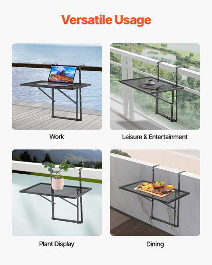 Balcony Hanging Table, 610 x 410 mm Metal Folding Balcony Railing Table, Outdoor Balcony Bar Table for Railings, 5-Level Adjustable, Fit Railing from 1" to 4.7", Serving Table for Patio & Deck