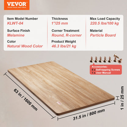 Table Top, 63" x 31.5" x 1", 220.5 lbs Load Capacity, Universal One-Piece Particle Board Desktop for Height Adjustable Electric Standing Desk Frame, Rectangular Countertop for Home & Office Desk