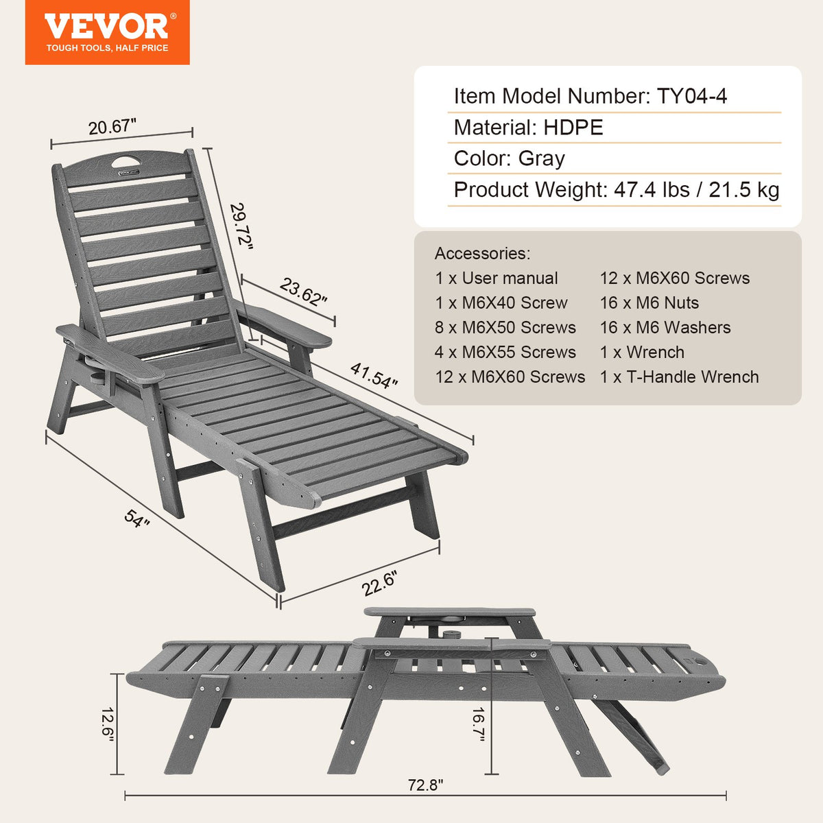 Outdoor Chaise Lounge Chair 6 Positions Reclining Patio Bench Lounger Gray