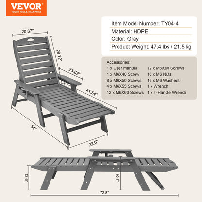Outdoor Chaise Lounge Chair 6 Positions Reclining Patio Bench Lounger Gray