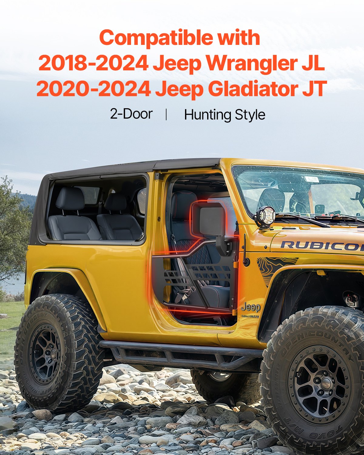 Jeep Tube Doors, 2-Door, Hunting Style Jeep Tubular Door with Heavy-Duty Hinges & OE Latch, Jeep Doors with Rear View Mirrors, Fit for 2018-2024 Jeep Wrangler JL & 2020-2024 Jeep Gladiator JT