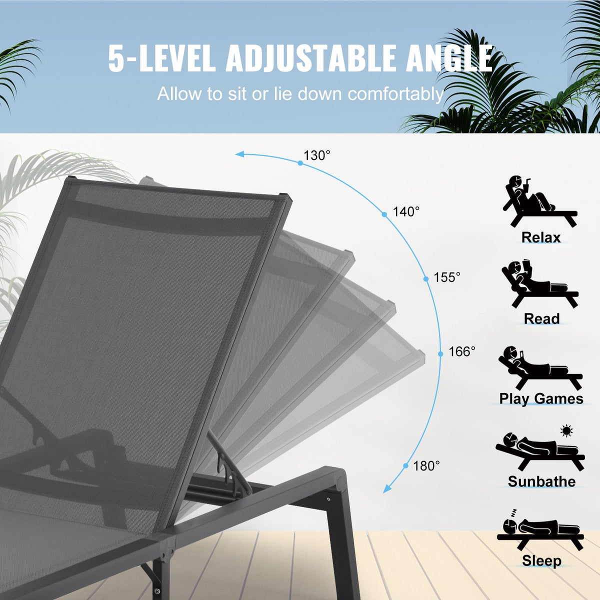 Chaise Lounge Chair Outdoor Patio Lounge Chair Adjustable 5-Position 2 pcs