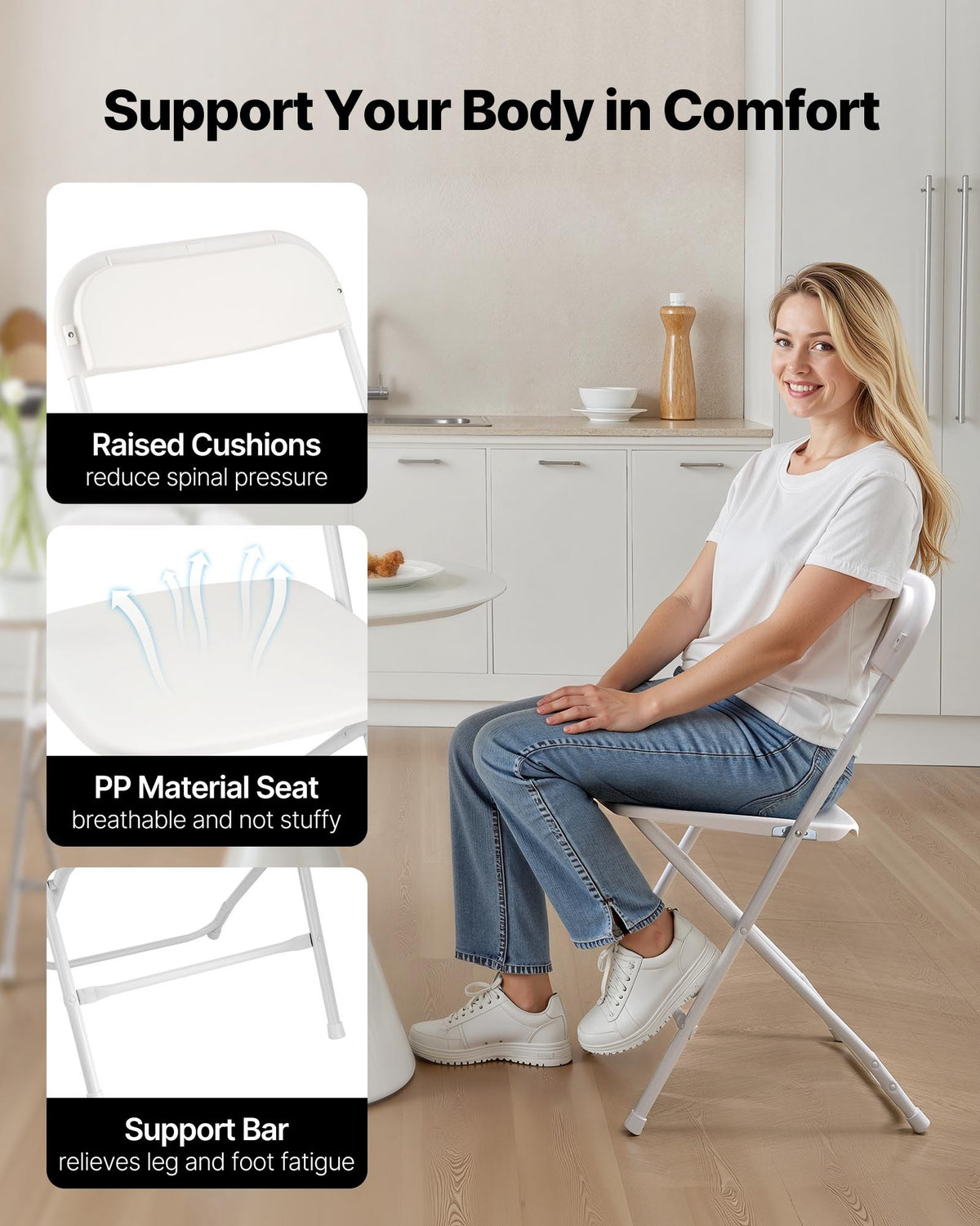 4 Pack Folding Chairs, Foldable Plastic Chairs with Heavy Duty Metal Frame, Portable Folding Card Table Chairs, Stackable Indoor Outdoor Seats for Home, Yard, Garden, Parties, Events, White