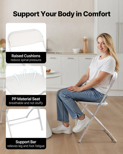 4 Pack Folding Chairs, Foldable Plastic Chairs with Heavy Duty Metal Frame, Portable Folding Card Table Chairs, Stackable Indoor Outdoor Seats for Home, Yard, Garden, Parties, Events, White