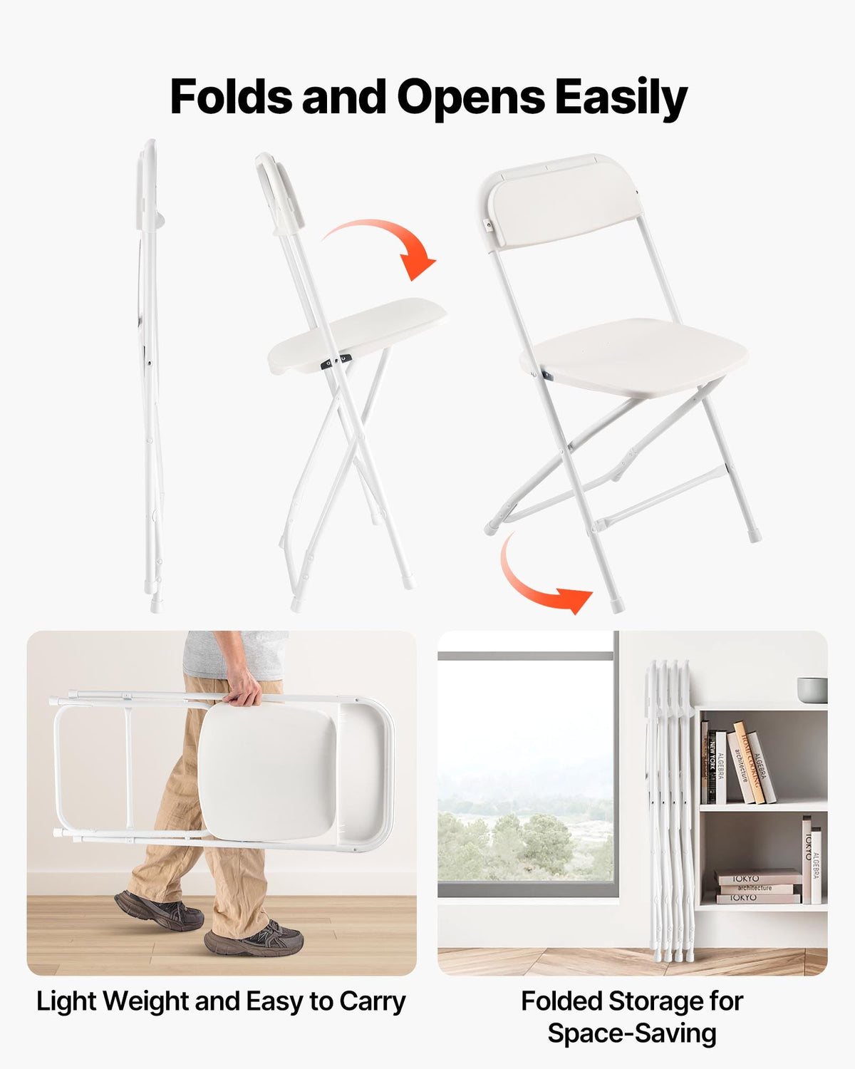 4 Pack Folding Chairs, Foldable Plastic Chairs with Heavy Duty Metal Frame, Portable Folding Card Table Chairs, Stackable Indoor Outdoor Seats for Home, Yard, Garden, Parties, Events, White
