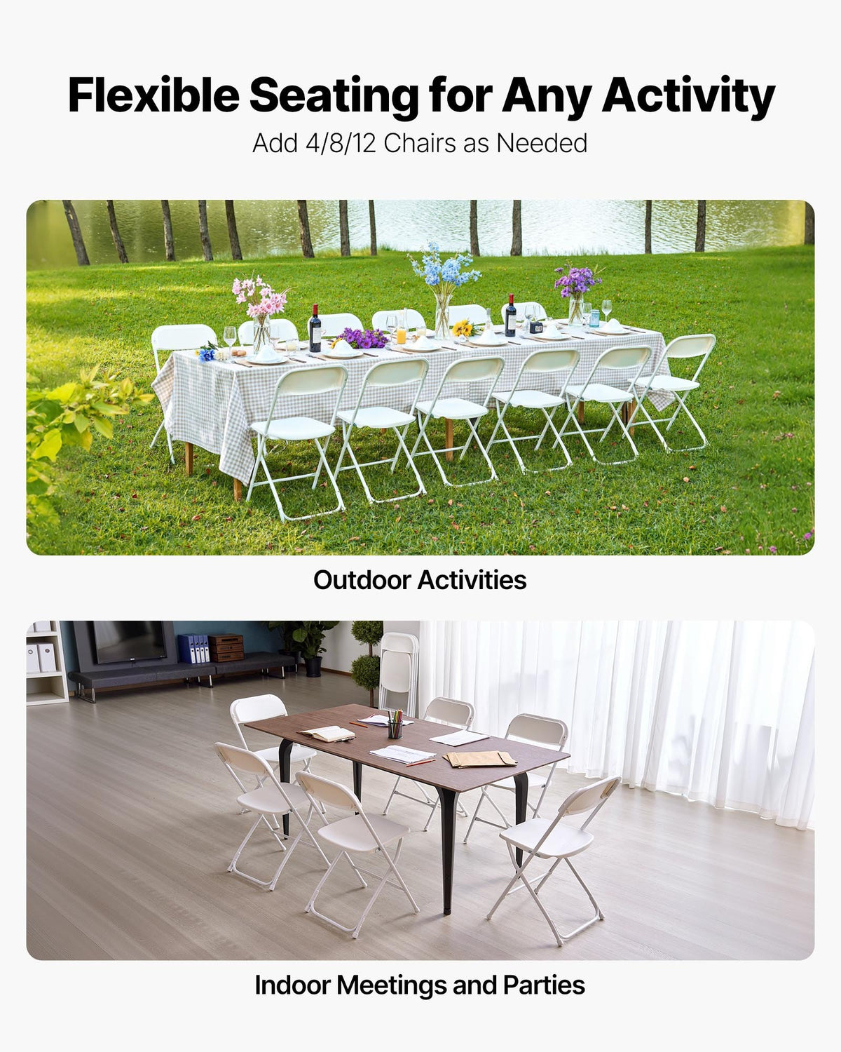 4 Pack Folding Chairs, Foldable Plastic Chairs with Heavy Duty Metal Frame, Portable Folding Card Table Chairs, Stackable Indoor Outdoor Seats for Home, Yard, Garden, Parties, Events, White